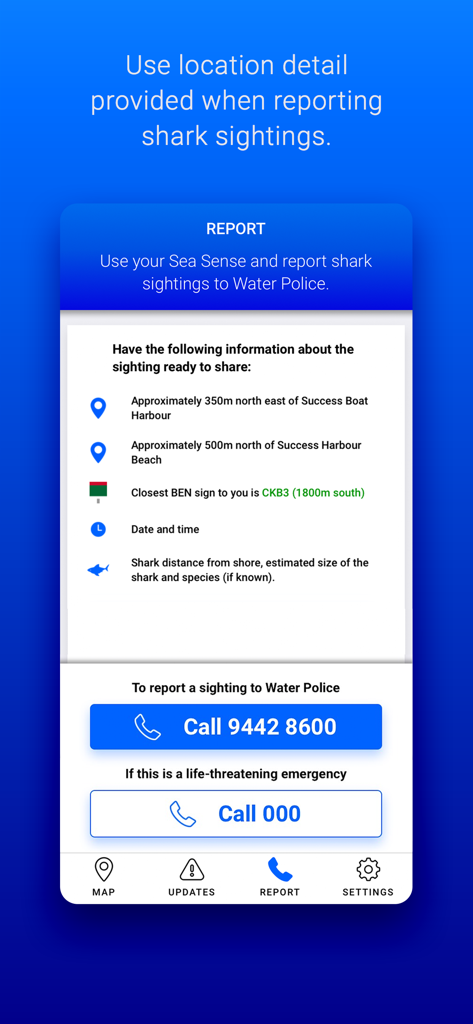 SharkSmart WA app reporting screen for shark sightings with location details and emergency call buttons