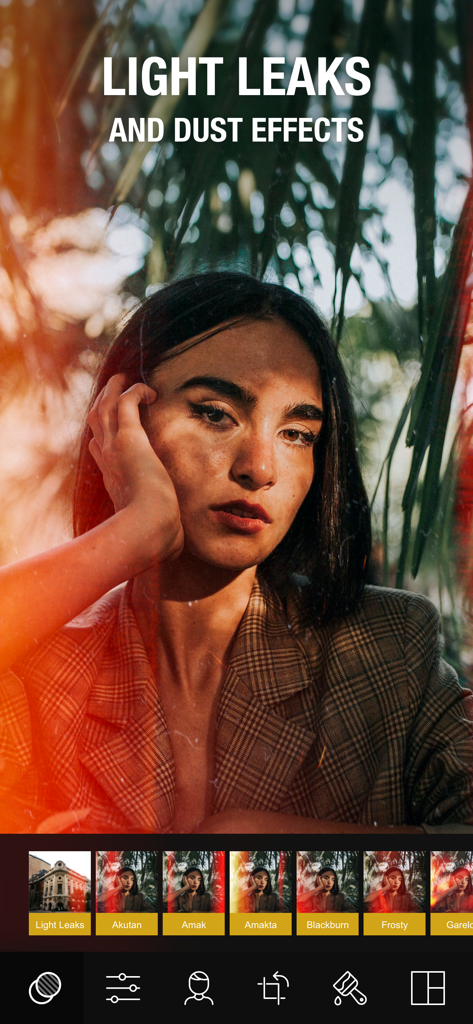 Camly: Photo Editor & Retouch - Camly app interface showing a portrait with vintage light leaks and dust effects applied