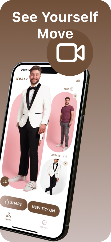 wearz - Wearing outfit & style - A screenshot of the Wearz app demonstrating the video virtual try-on feature with a man in a white tuxedo.