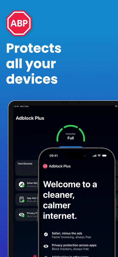 Interfaccia dell'app Adblock Plus mostrata su iPhone e iPad con il testo 'Protegge tutti i tuoi dispositivi'
