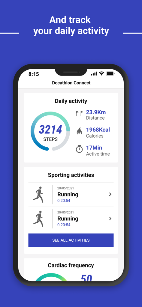 Decathlon Connect - Panel de la aplicación Decathlon Connect que muestra los pasos diarios, calorías y sesiones de carrera