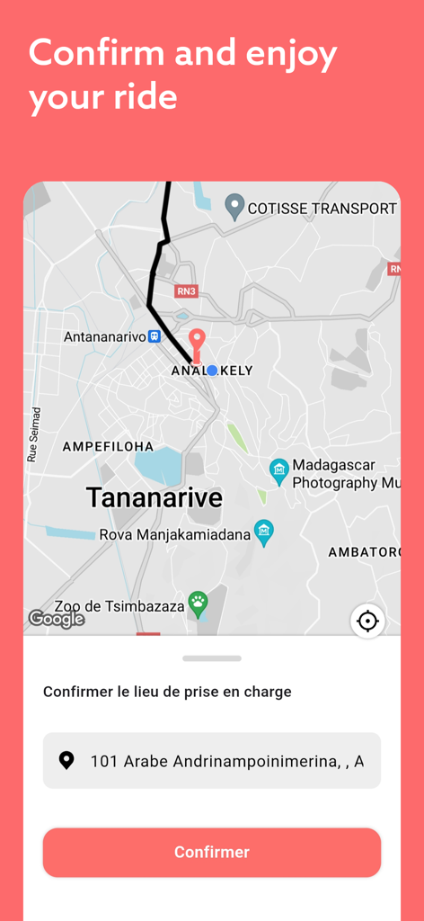 Misy - Interfaz de la aplicación Misy que muestra un mapa y un botón para confirmar la ubicación de recogida de un viaje