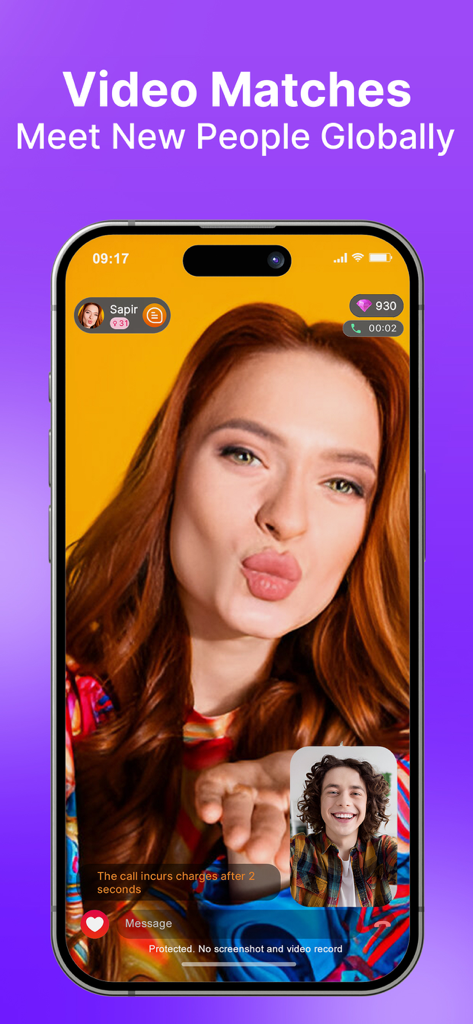 Ravi: Video Chat, Meet Singles - Interface of the Ravi app showing a live one-on-one video call between a man and a woman meeting globally.