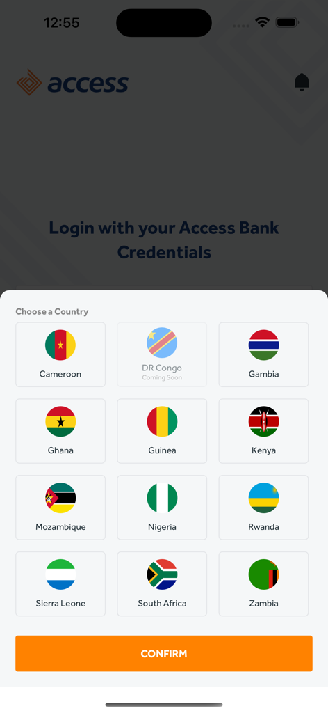 Access More app screen showing a menu to choose a country for banking login with multiple African country flags