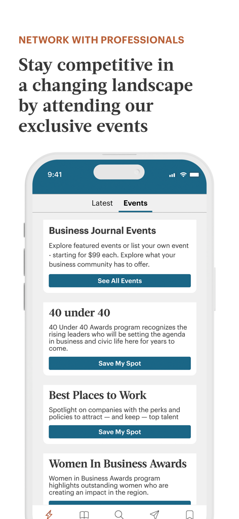 Boston Business Journal - Boston Business Journal app events screen listing exclusive professional networking opportunities like 40 under 40 and Best Places to Work awards.