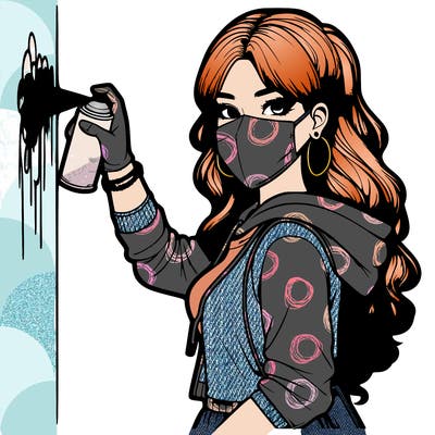 realistic girl with mask spray painting a wall