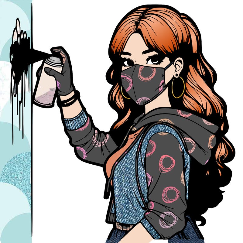 realistic girl with mask spray painting a wall