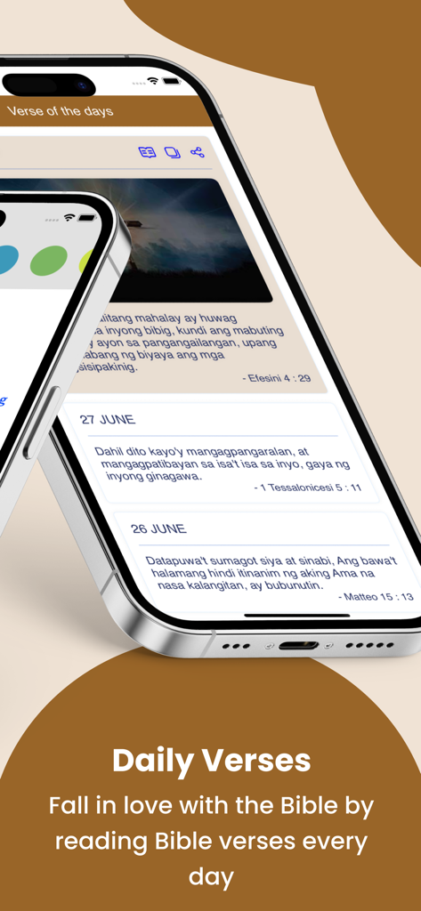 Interface of the Magandang Balita Bibliya app displaying daily Bible verses in Tagalog