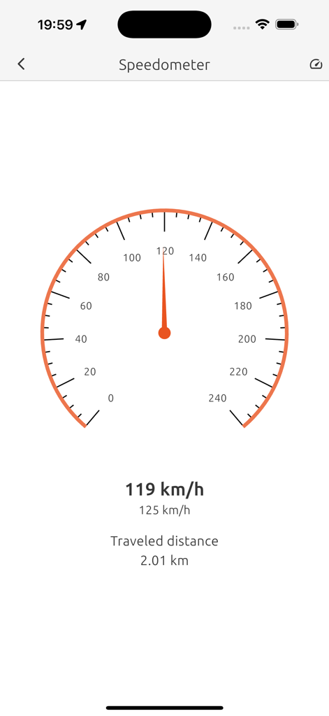Toolbox (By Koizeay) - Speedometer interface in the Toolbox app displaying current speed in km/h and traveled distance.