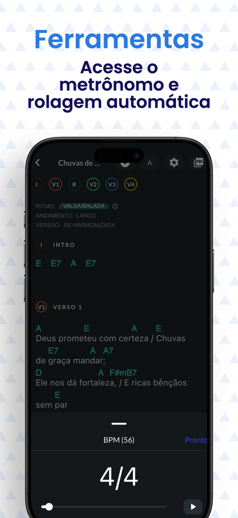 Harpa Cristã Cifrada (PRO) - Interface do aplicativo Harpa Crista Cifrada PRO mostrando letras com acordes de violão e uma ferramenta de metrônomo