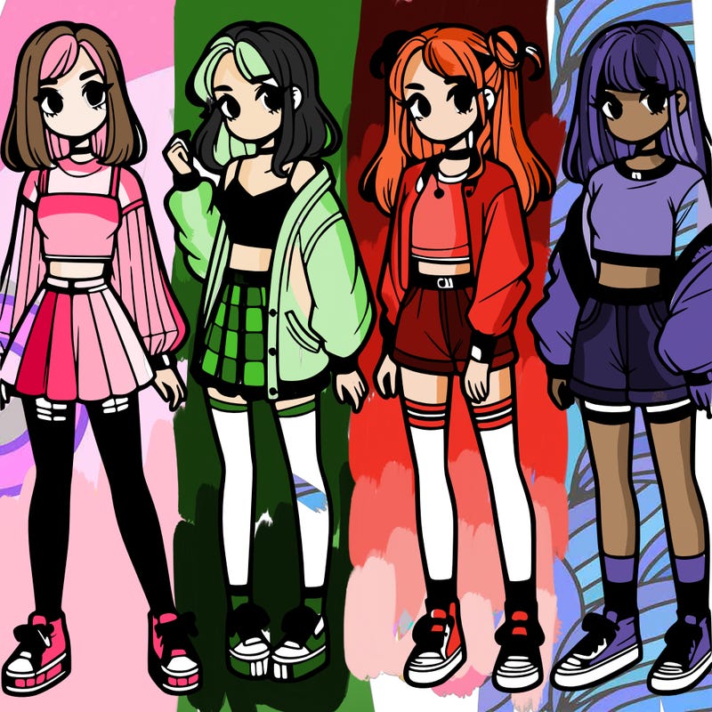 one girl with crop-top shirt and a jacket with a skirt, long socks and another girl with a shirt and pants with a jacket