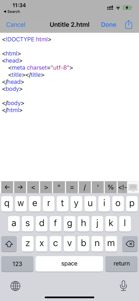 HTML & HTML5 Editor - Eine mobile HTML-Editor-Oberfläche, die eine grundlegende Codestruktur und eine spezialisierte Tastatur mit Programmiersymbolen auf einem iPhone zeigt