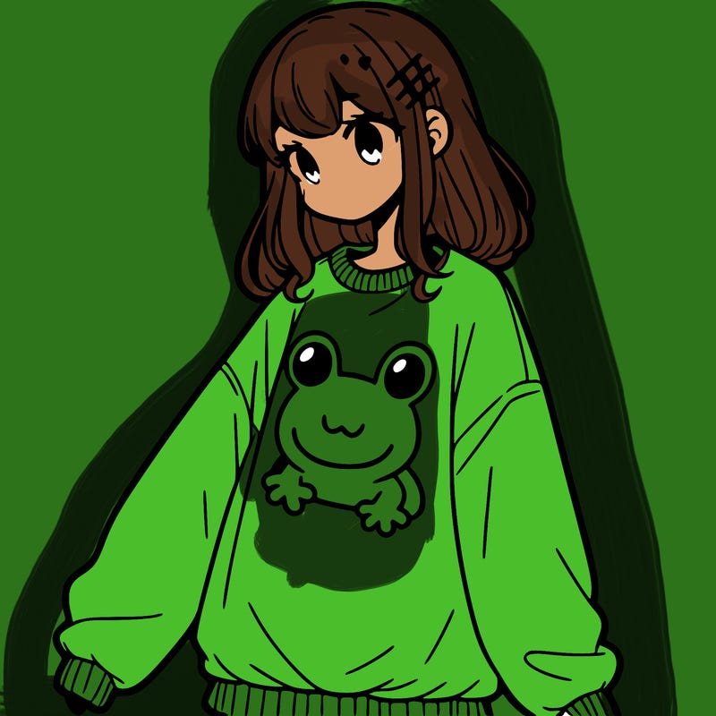 girl wearing frogging sweatshirt