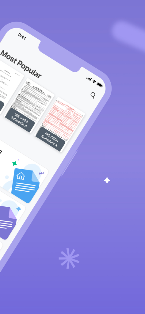 e-taxfiller: Edit PDF Forms - Screenshot of the e-taxfiller app displaying most popular IRS tax form templates including IRS 8804 Schedule A