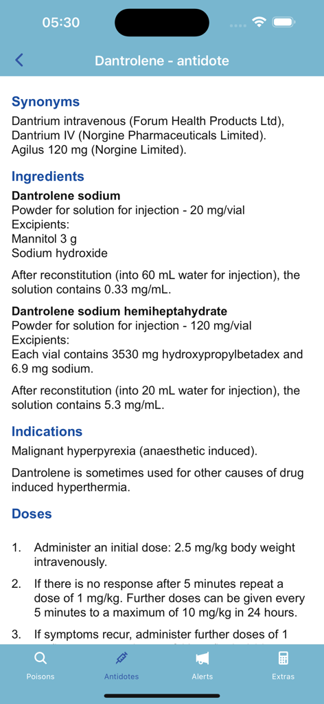 TOXBASE - TOXBASE app screen showing Dantrolene antidote details including ingredients and dosage instructions