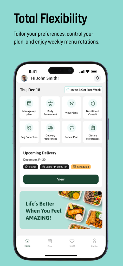 Kcal Meal Plans - La dashboard dell'app Kcal Meal Plans che mostra le opzioni di gestione dei pasti e i dettagli della prossima consegna