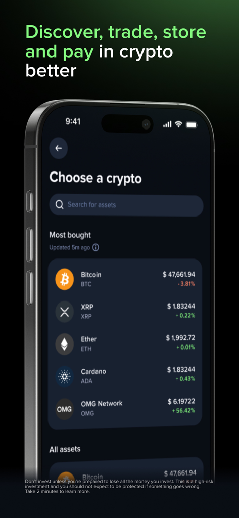 Uphold: Buy BTC, ETH and 360+ - Interfaccia dell'app mobile Uphold che mostra un elenco di criptovalute come Bitcoin e XRP disponibili per lo scambio