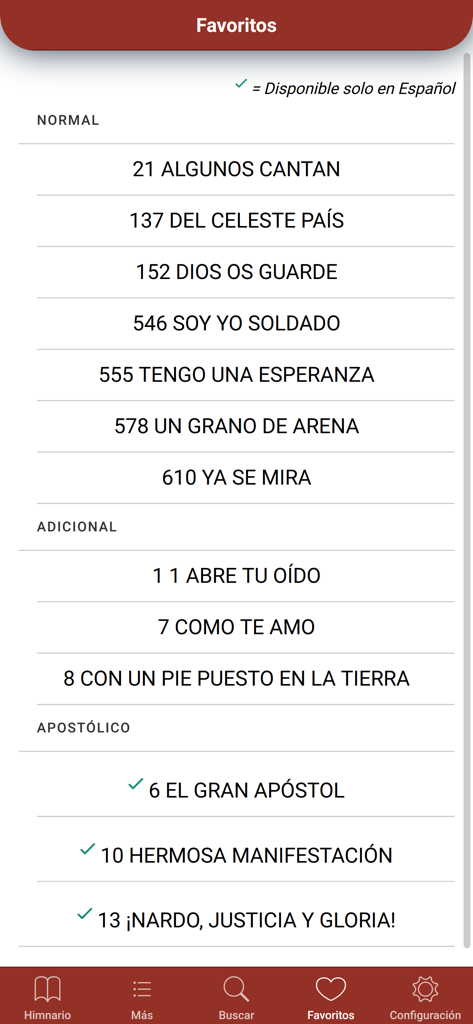 Himnario Lldm Inglés - Español - Sección de Favoritos de la aplicación Himnario LLDM que muestra una lista de himnos seleccionados en categorías español e inglés