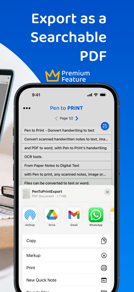 PenToPrint Handwriting to PDF - 検索可能なPDFとして手書き文書をエクスポートするために共有メニューが開いているPenToPrintアプリを表示するiPhone画面