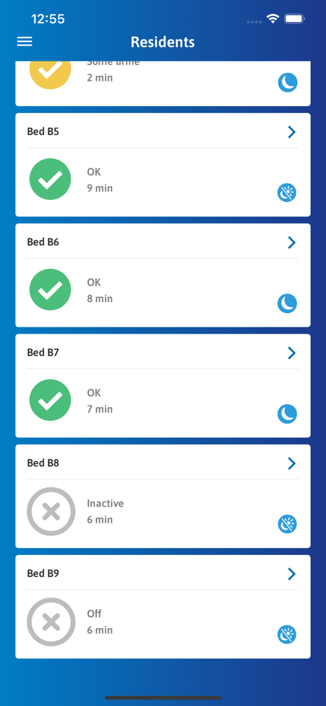 Panel de monitorización de residentes en la aplicación TENA Smartcare Pro que muestra actualizaciones de estado para diferentes camas.