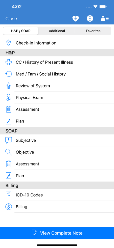 DrChrono EHR / EMR - Clinical documentation menu in DrChrono EHR app showing SOAP notes and ICD 10 billing sections.