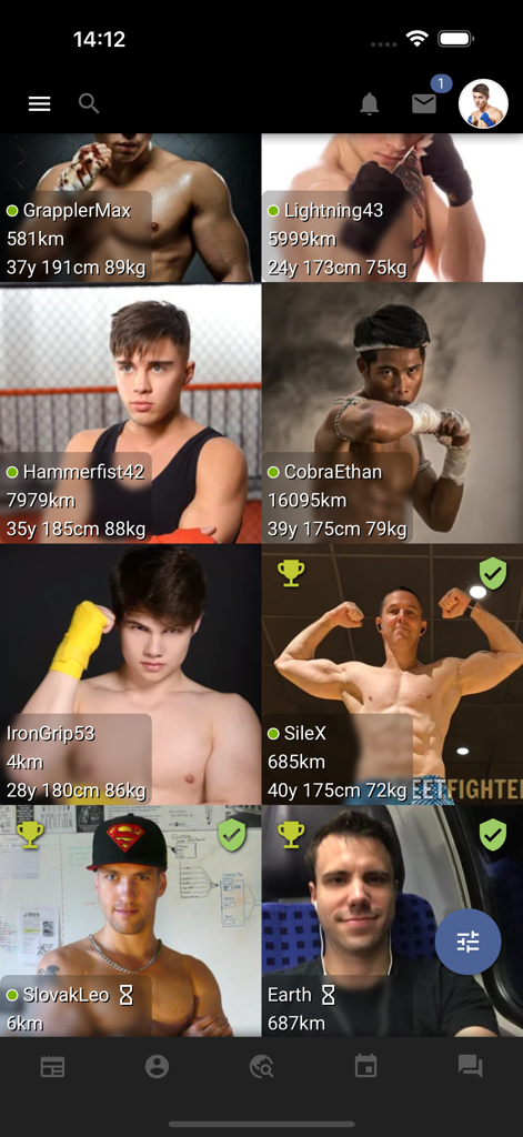 MeetFighters - A grid of user profiles on the MeetFighters app displaying photos and physical statistics of male combat sports enthusiasts.