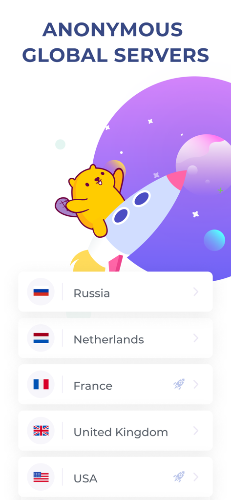 Mascotte castor chevauchant une fusée au-dessus d'une liste de serveurs VPN mondiaux anonymes, y compris les États-Unis et la Russie