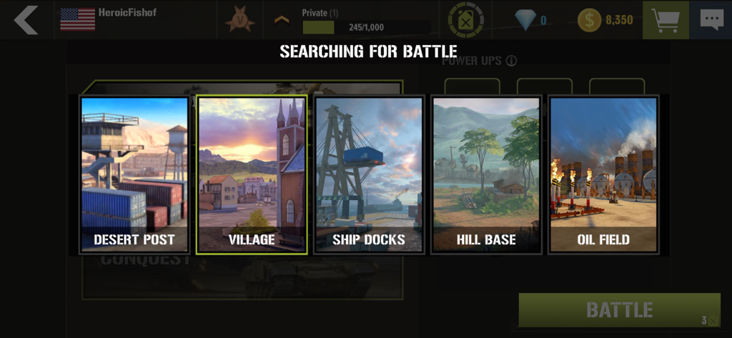 War Machines：Battle Tank Games - Map selection screen in War Machines showing various battle environments like Desert Post and Village