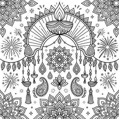 Dive into the festive spirit of Diwali with this beautifully intricate wall art coloring page. Adorned with traditional diyas, mesmerizing mandalas, and celebratory fireworks, it offers a serene and engaging artistic experience.