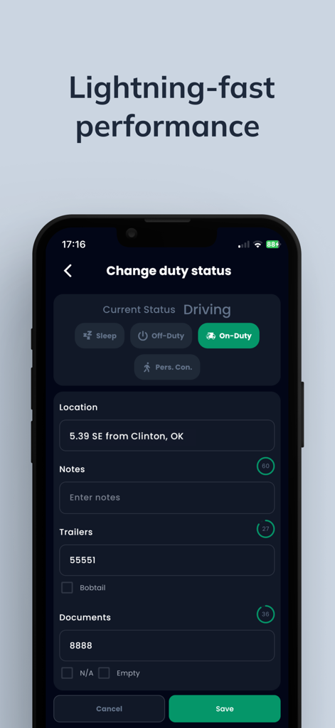 Quantum Logbook ELD app interface showing the change duty status screen with options for On-Duty and location tracking