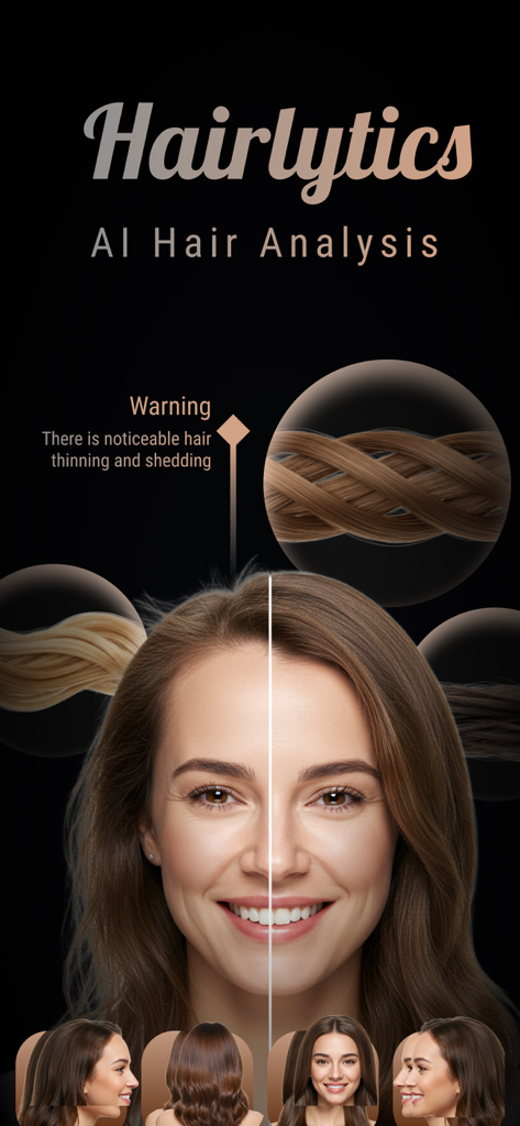 Hairlytics: AI Hair Analysis - Hairlytics App-Oberfläche zeigt KI-Haaranalyse für dünner werdendes Haar und Haarausfall-Erkennung