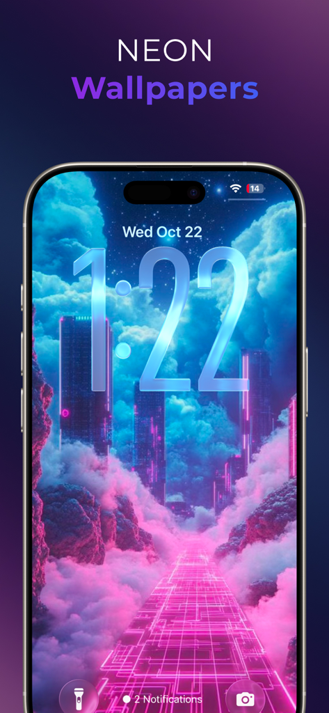 My Screen Wallpaper - Tela de bloqueio do iPhone mostrando um papel de parede estético de cidade cyberpunk em neon rosa e azul