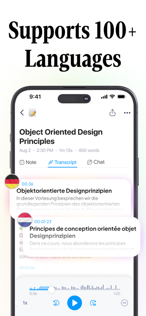 Greatnotes5 - AI Notes Taker - Greatnotes5 app interface showing AI note taking and support for more than 100 languages.