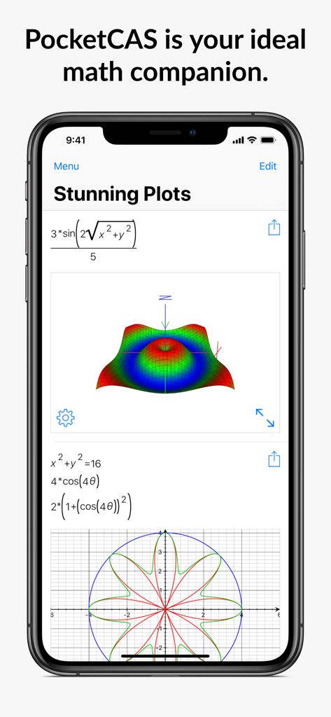 Mathematics with PocketCAS Pro - PocketCAS app interface on an iPhone showing a complex 3D surface plot and a 2D polar graph.