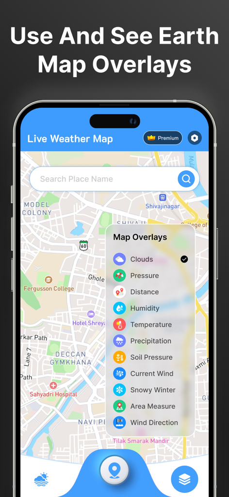 Interface of the Live Weather Map app showing professional map overlays for soil pressure and area measurement