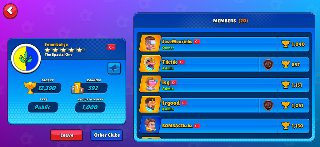 MamoBall - Soccer Game - MamoBall club interface showing team rankings and member trophy counts
