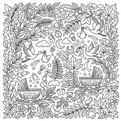 Delight in the beauty of nature and the joyous anticipation of a new arrival with this intricate Forest Leaves and Baby Shower coloring page. Immerse yourself in a world of delicate foliage, charming storks, and sweet baby essentials as you bring this delightful scene to life.