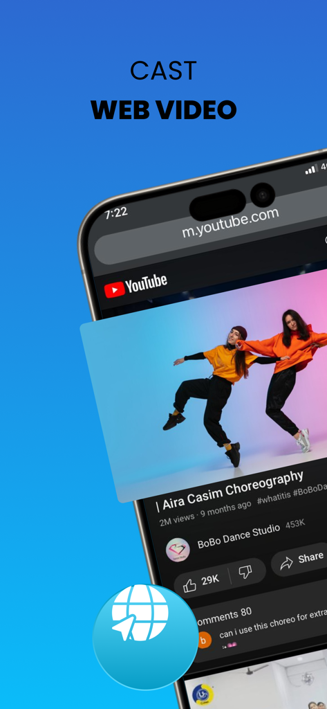Uno screenshot dell'app Screen Mirroring Miracast che mostra la funzione Cast Web Video con un video di coreografia di YouTube in riproduzione nel browser di un iPhone.