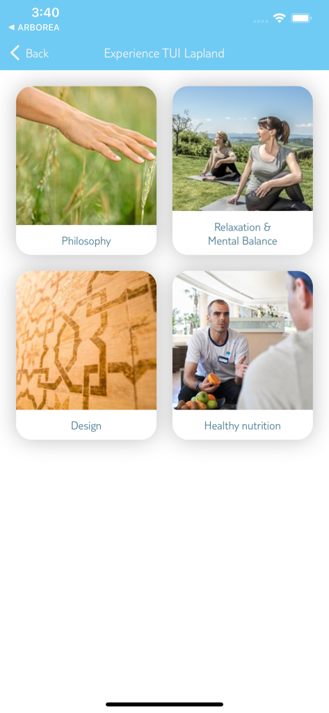 TUI Santa Trips - Pantalla de la aplicación TUI Santa Trips que muestra categorías de experiencias para la filosofía, relajación, diseño y nutrición saludable.