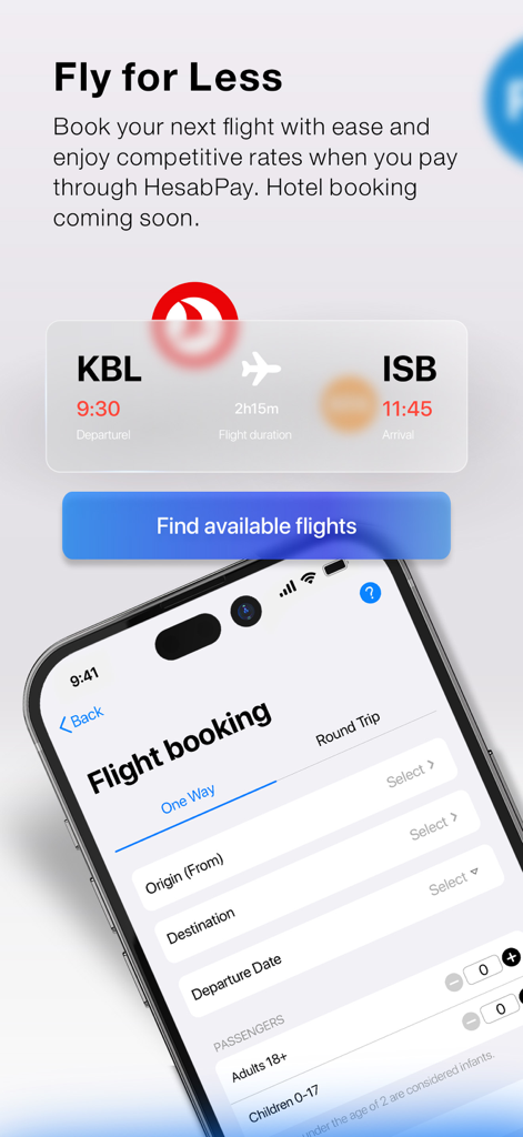 HesabPay - HesabPay mobile app flight booking interface showing routes and search fields