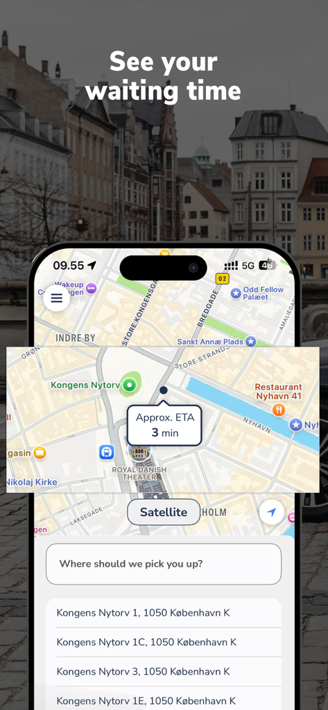 TAXA 4x35 - Easy taxi booking - TAXA 4x35 app interface showing real-time taxi arrival time in central Copenhagen