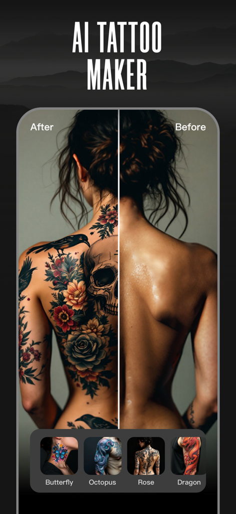 A split screen showing a woman's bare back before and after applying a large AI-generated skull and floral tattoo design