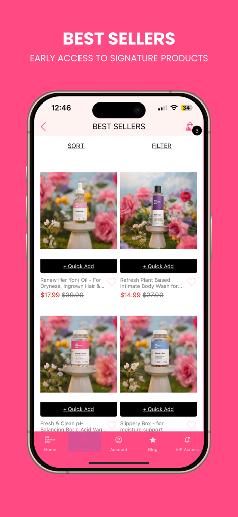 Her Fantasy Box - Screenshot of the Her Fantasy Box app best sellers screen showing feminine wellness products like yoni oil and intimate body wash.