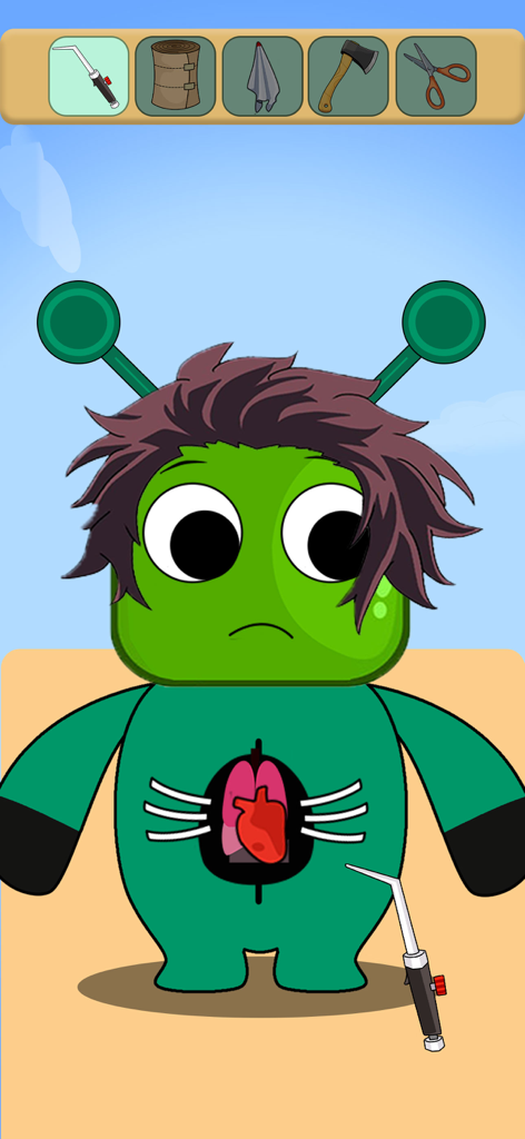 Spooky Monster Transformation - A green monster character undergoing a medical procedure with heart and lungs visible