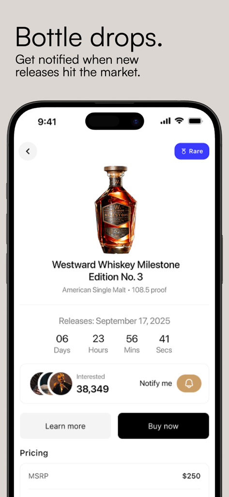 OnlyDrams - OnlyDrams app screen showing a countdown and details for a rare whiskey bottle drop