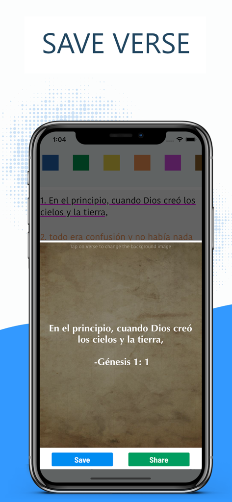 iPhone screen showing a Spanish Bible verse with options to save and share