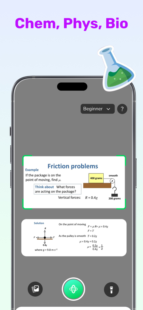AI Homework Helper Work Solver - AI homework helper app interface showing a step by step physics solution for a friction problem with diagrams