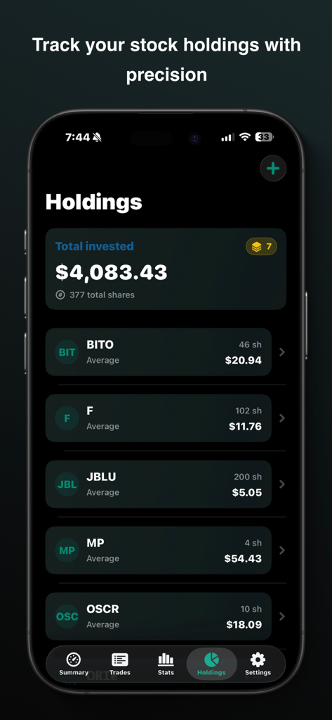 My Option Journal - Mobile app interface of My Option Journal showing a list of stock holdings and total investment.