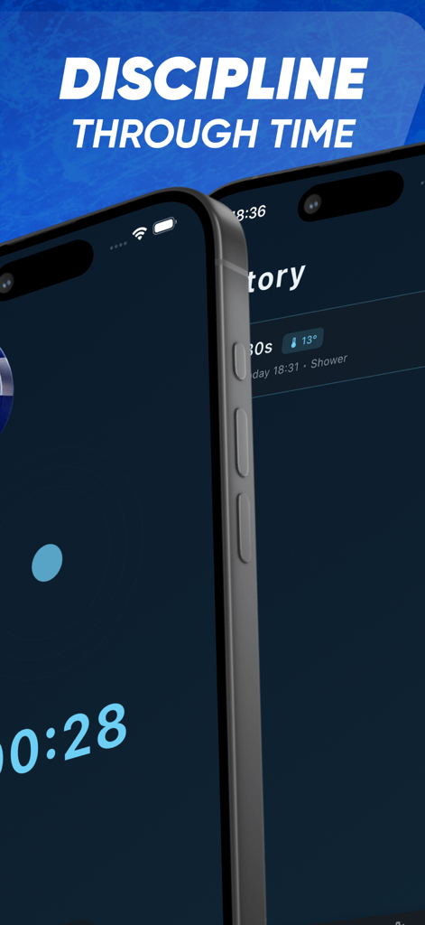 IceTimer: Cold Bath - IceTimer app screenshot showing a session timer and history log with the text Discipline Through Time