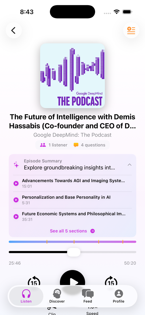 Deepr: Voice Podcasts - Deepr app interface displaying a podcast episode with AI summary and section timestamps
